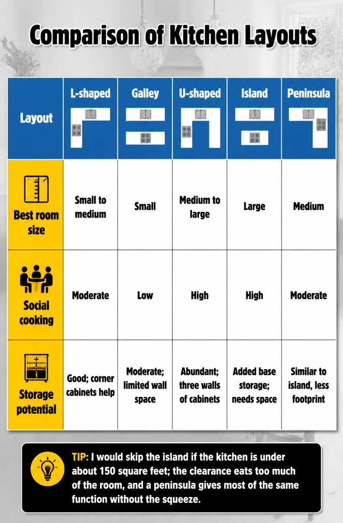 Comparison of L-shaped and U-shaped kitchen layouts shown in diagrams.