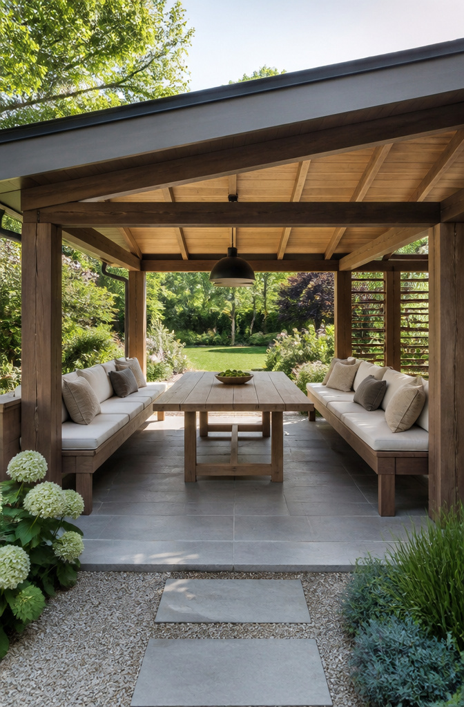 Versatile pavilion featuring a large table and perimeter bench seating.