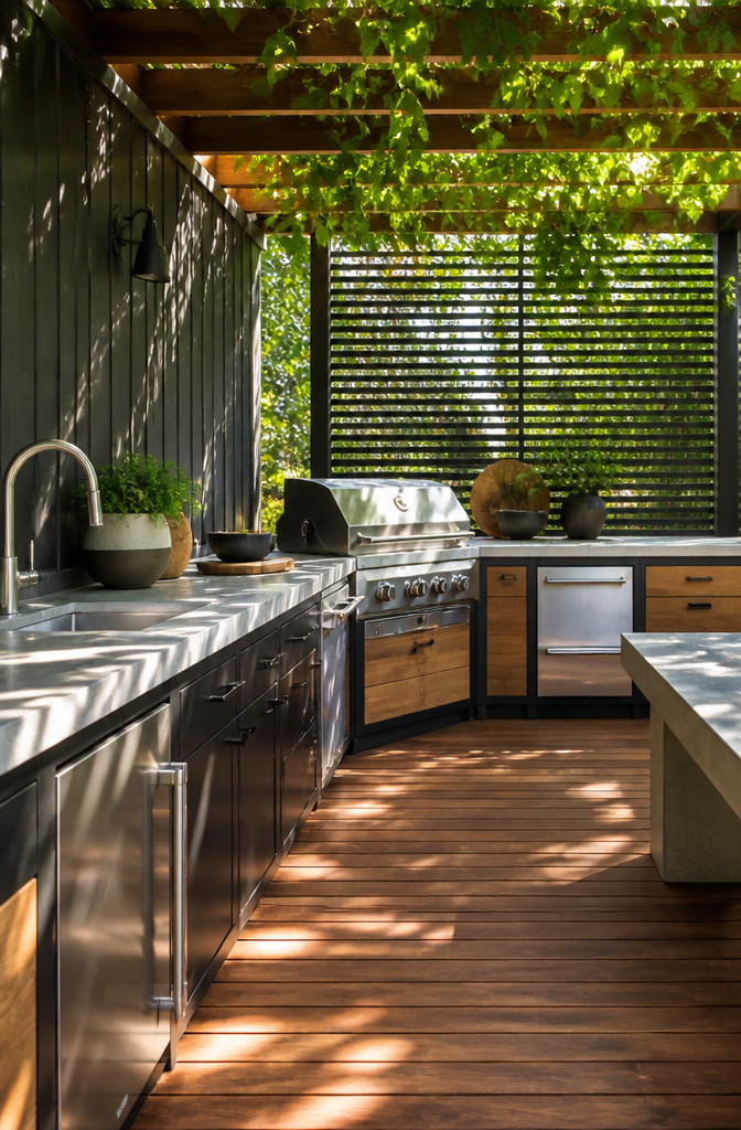 An outdoor kitchen featuring black metal and red cedar cabinetry.