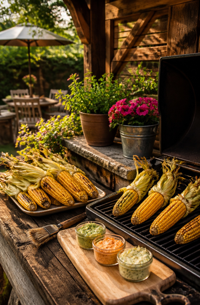 Grilled corn on the cob with containers of flavored butters.