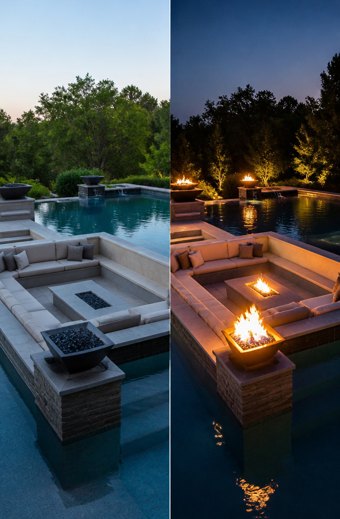 Sunken fire lounge next to a pool, reflecting flames in the water.