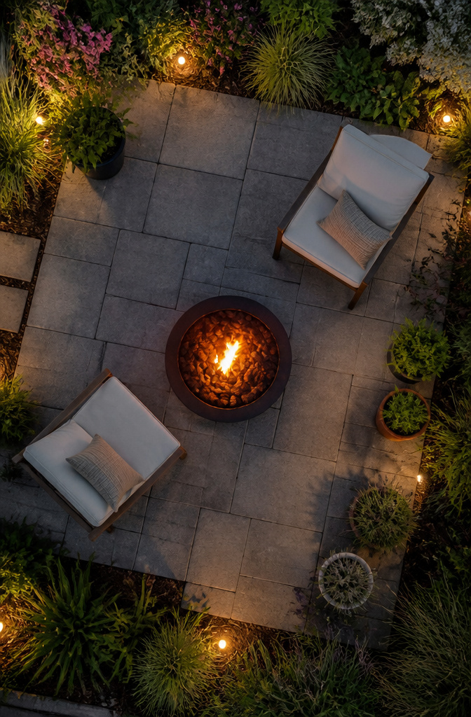A portable fire pit on a gravel pad with seating around it.