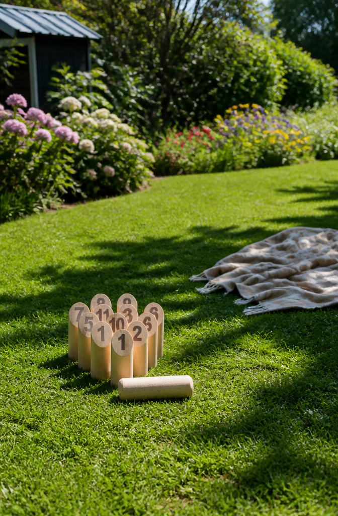 Twelve numbered Mölkky pins arranged on grass.