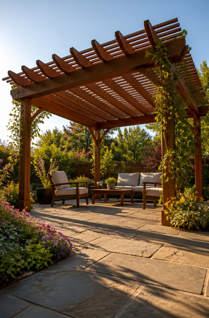 A wood pergola structure providing shade over a patio.