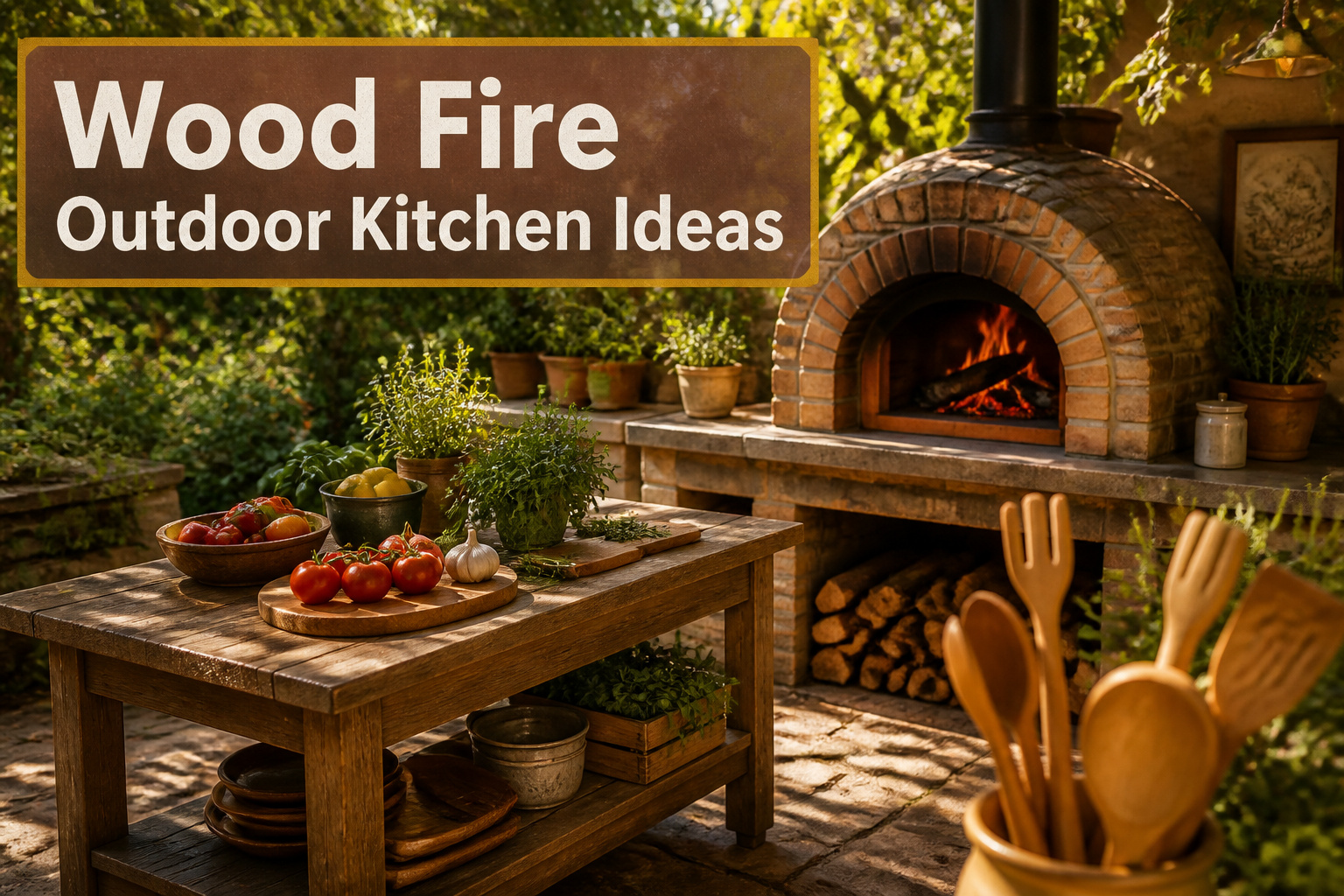 Wood fire outdoor kitchen with various cooking elements and a cozy atmosphere.