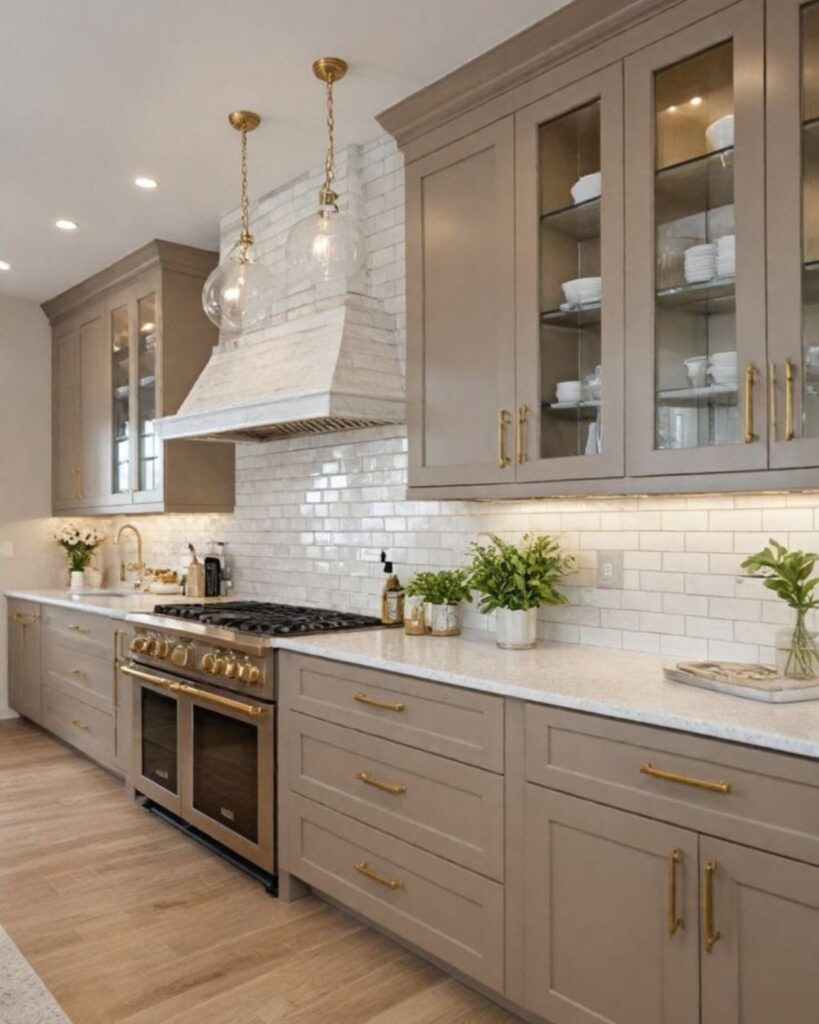 Beige kitchen cabinets with gold handles, white subway tile backsplash, and marble countertops in a bright kitchen.
