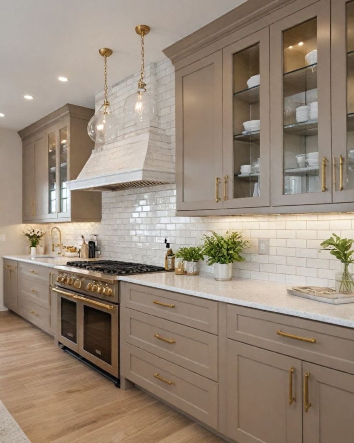 Beige kitchen cabinets with gold handles, white subway tile backsplash, and marble countertops in a bright kitchen.