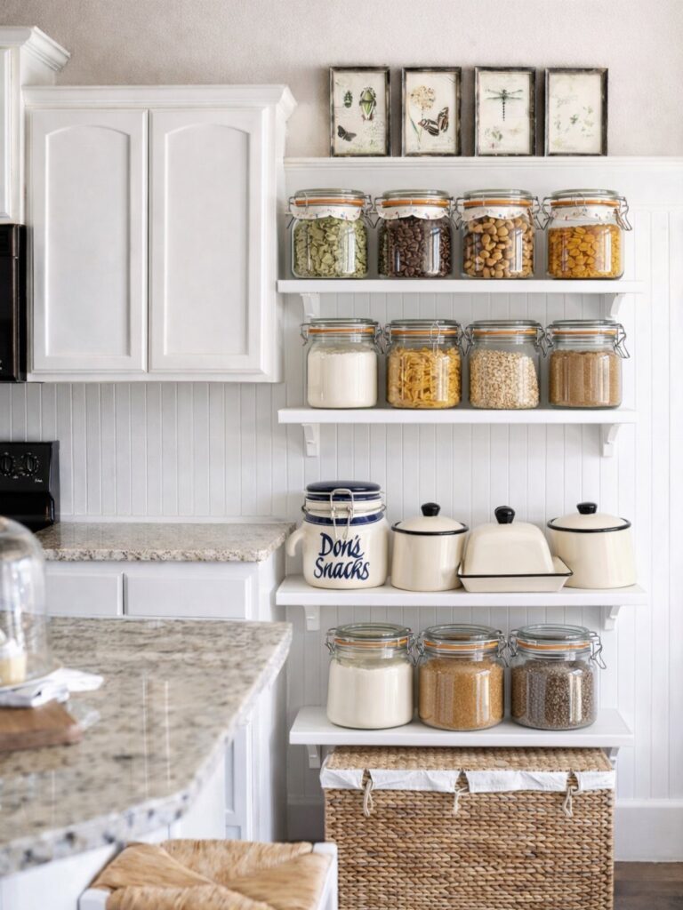 Glass jars containing various dry goods arranged on white floating shelves in a kitchen.