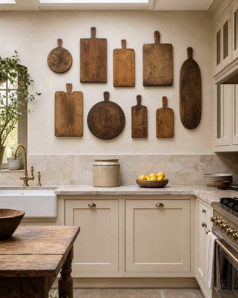 Wooden cutting boards arranged decoratively on a kitchen wall above cream cabinets and a stone countertop.