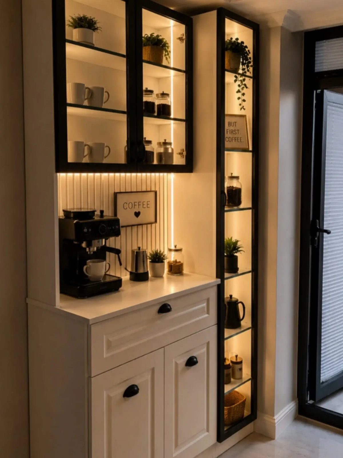 A white lighted coffee bar armoire with glass cabinets containing mugs, plants, and a coffee machine.