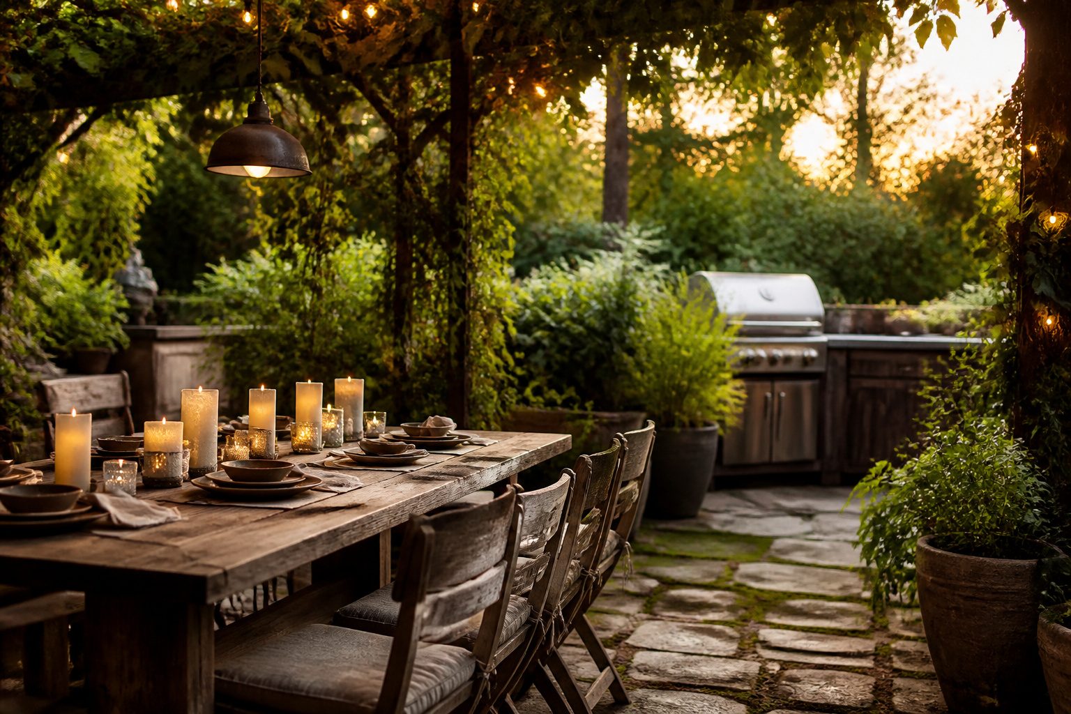 A beautifully arranged outdoor living area with furniture and decor.