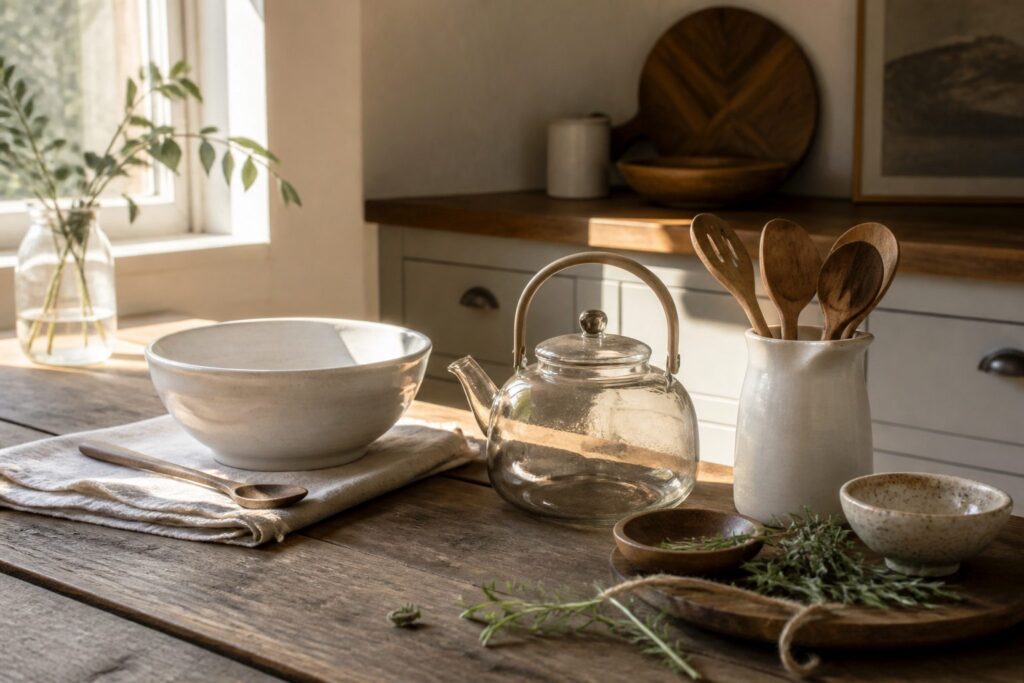 A variety of kitchen essentials arranged aesthetically on a countertop.