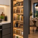 An open tall pantry cabinet filled with organized glass jars and food containers on wooden shelves.