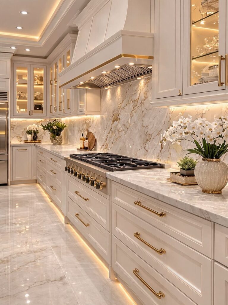 Luxurious white kitchen with marble countertops, gold hardware, and elegant under-cabinet lighting.