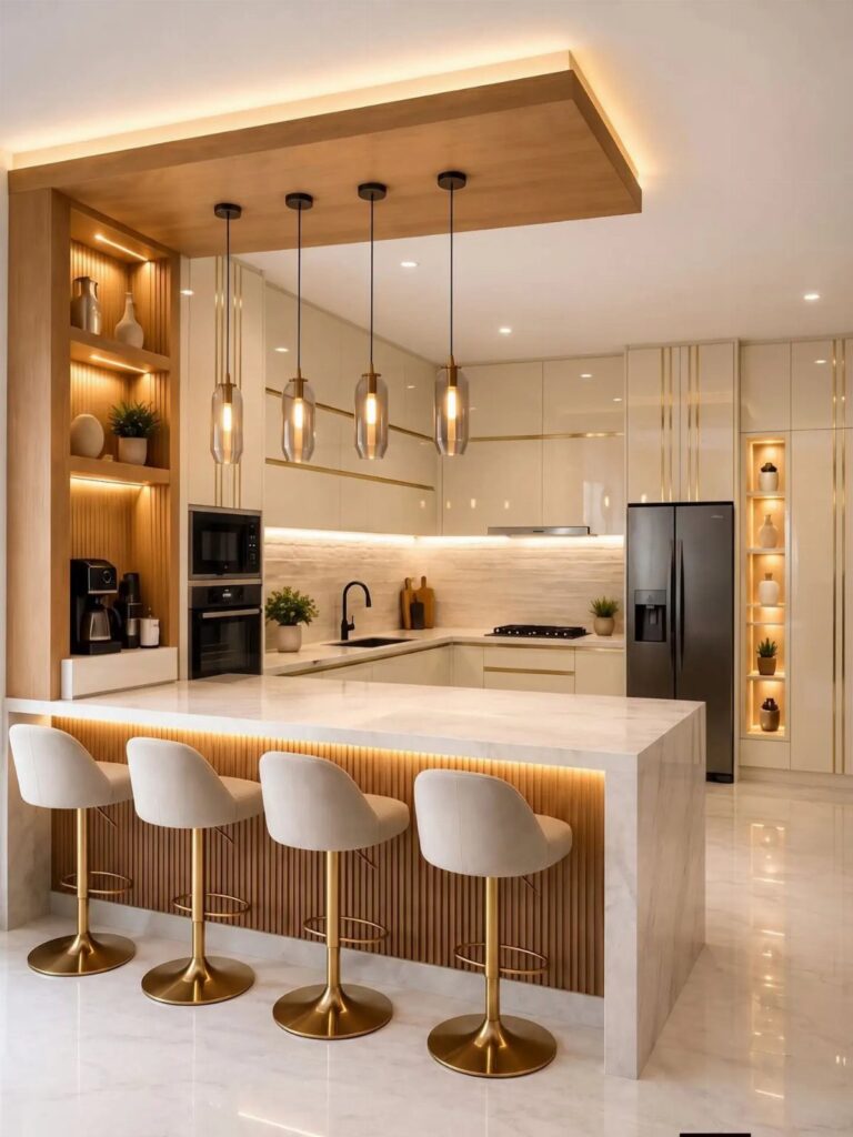 Modern kitchen interior with a marble island, white bar stools, and warm ambient lighting.