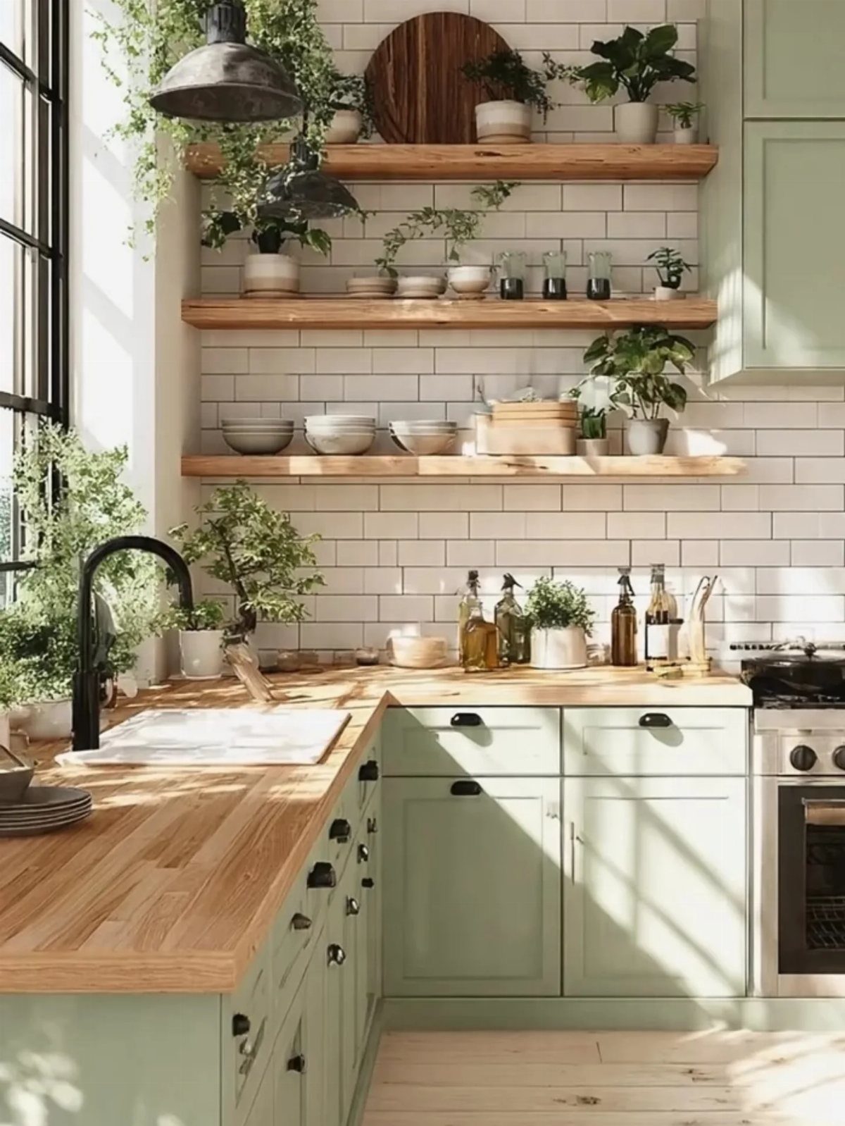 Wooden open shelves holding plants and bowls against white subway tile in a green kitchen.