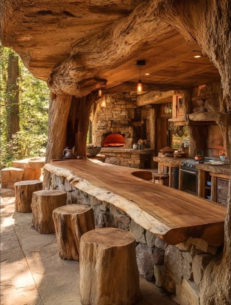 A rustic outdoor kitchen featuring a long live-edge wooden counter, stone walls, and log stools under a timber ceiling.