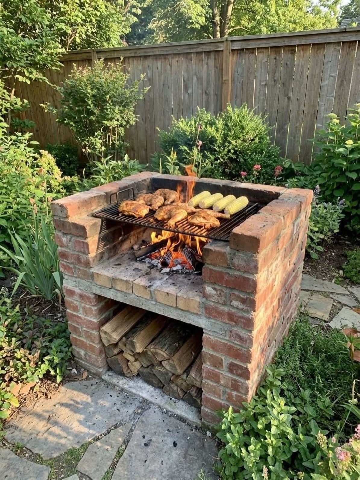 A brick barbecue with food cooking on a grill and firewood stored underneath.