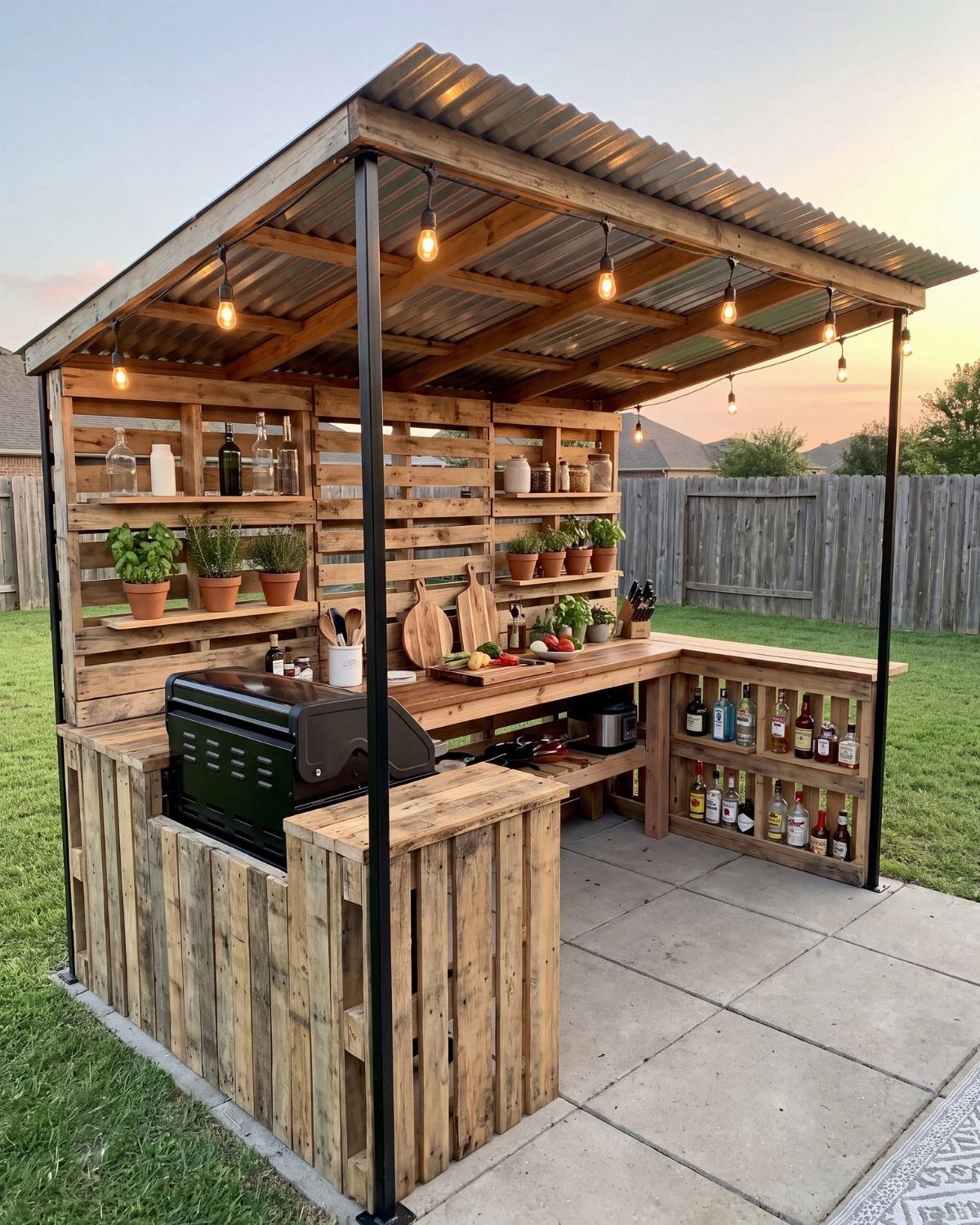A wooden pallet outdoor grilling station with a black grill and hanging lights on a patio.