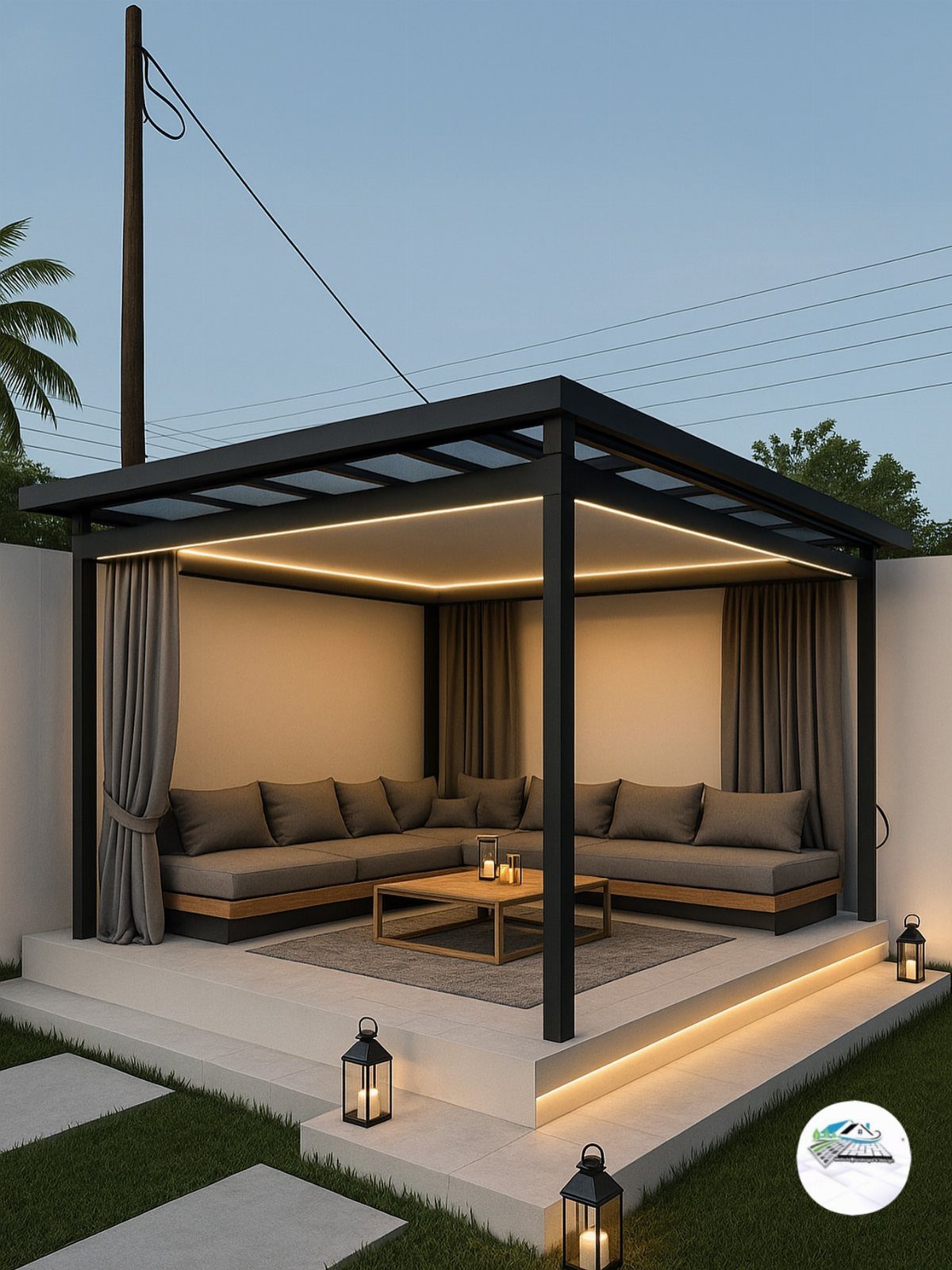 Modern outdoor lounge area with L-shaped sectional sofa and coffee table under a lit pergola.