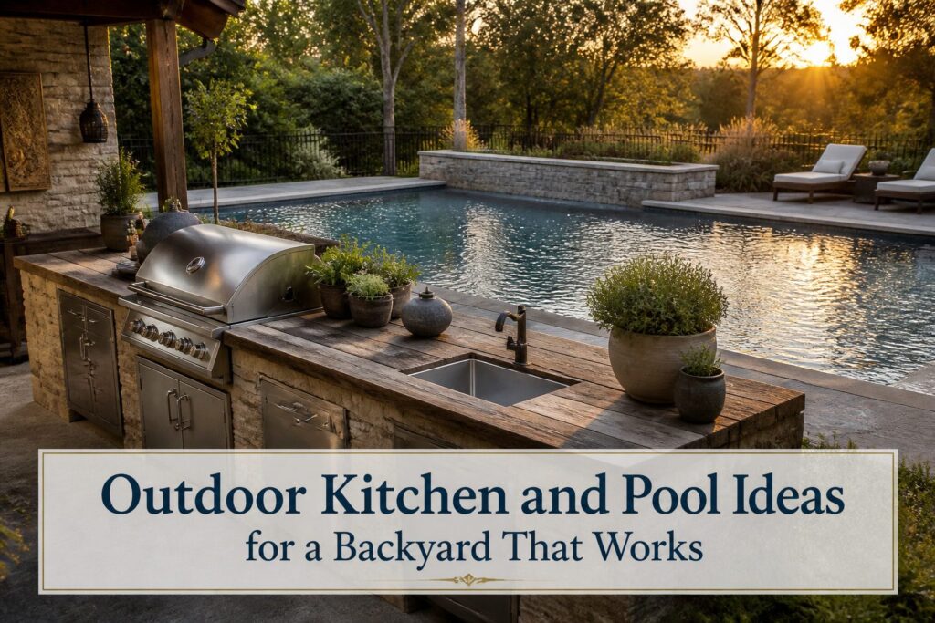 Outdoor kitchen and pool area with integrated appliances and seating.