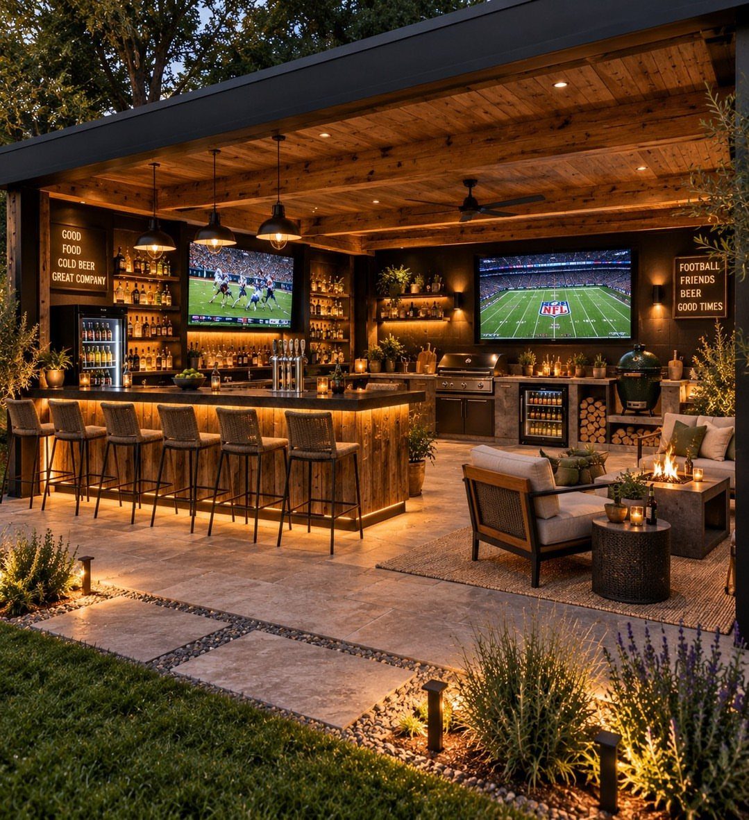 A modern outdoor kitchen bar with wooden stools, televisions, and a lounge area under a pavilion.