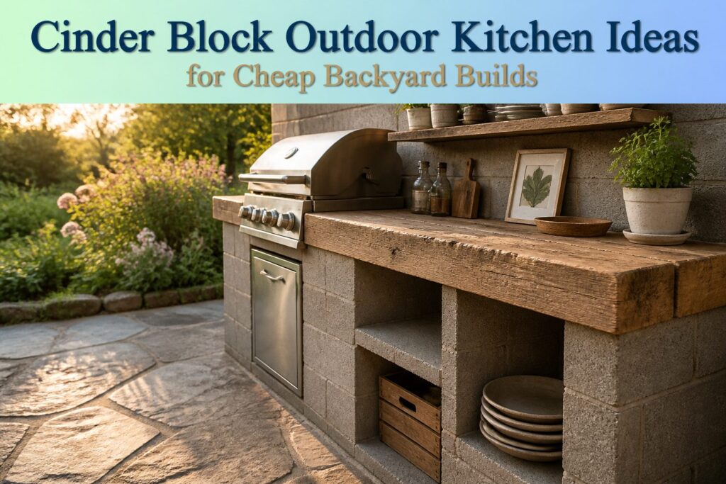 Different outdoor kitchens built with cinder blocks in various styles.