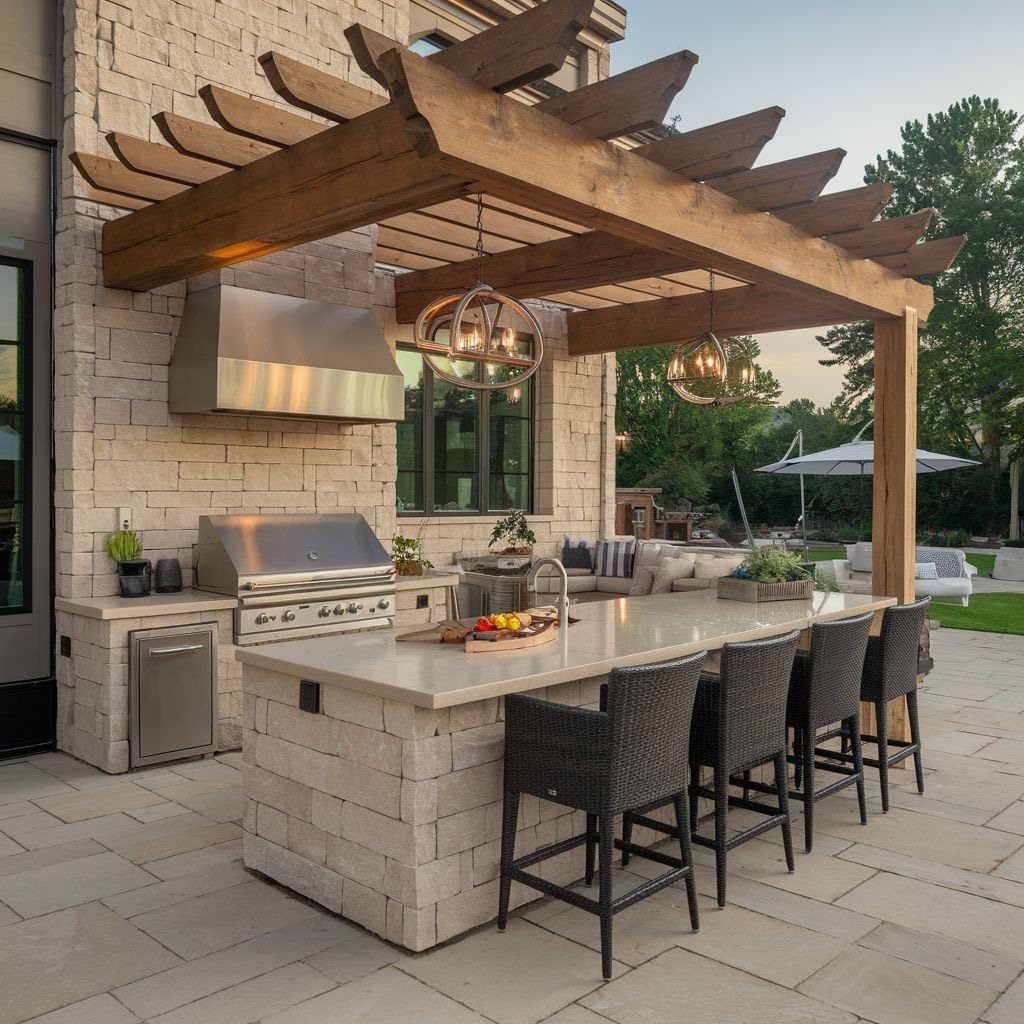 A stone outdoor kitchen with a built-in grill and sink under a wooden pergola.