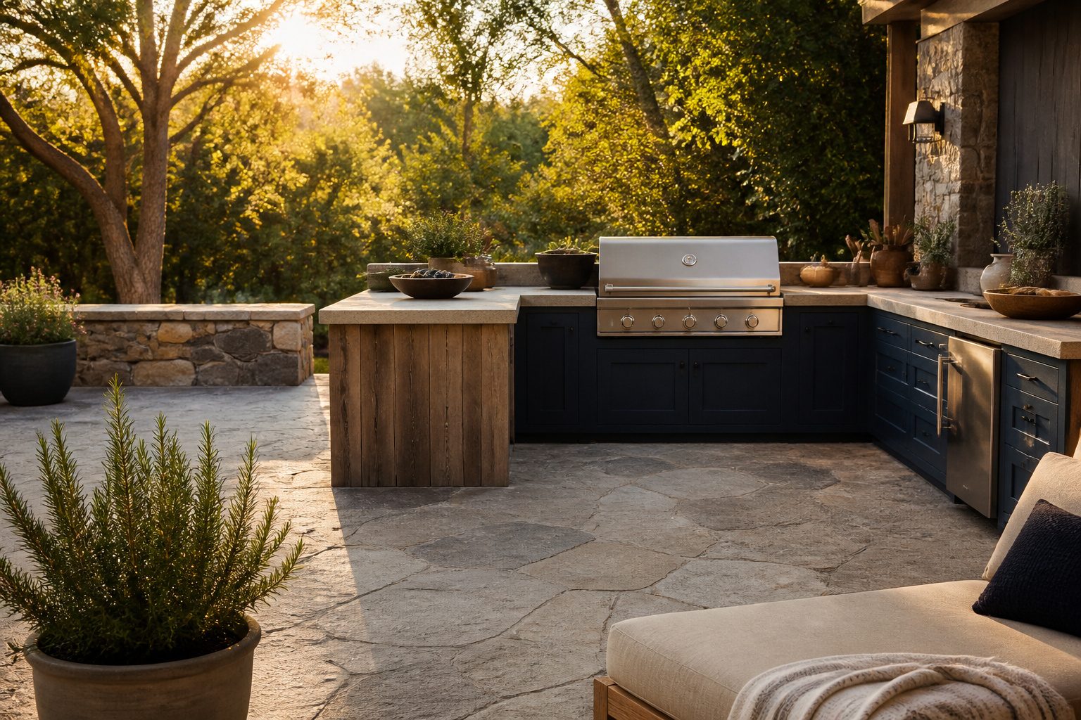 An outdoor kitchen with a grill and seating area on a patio.