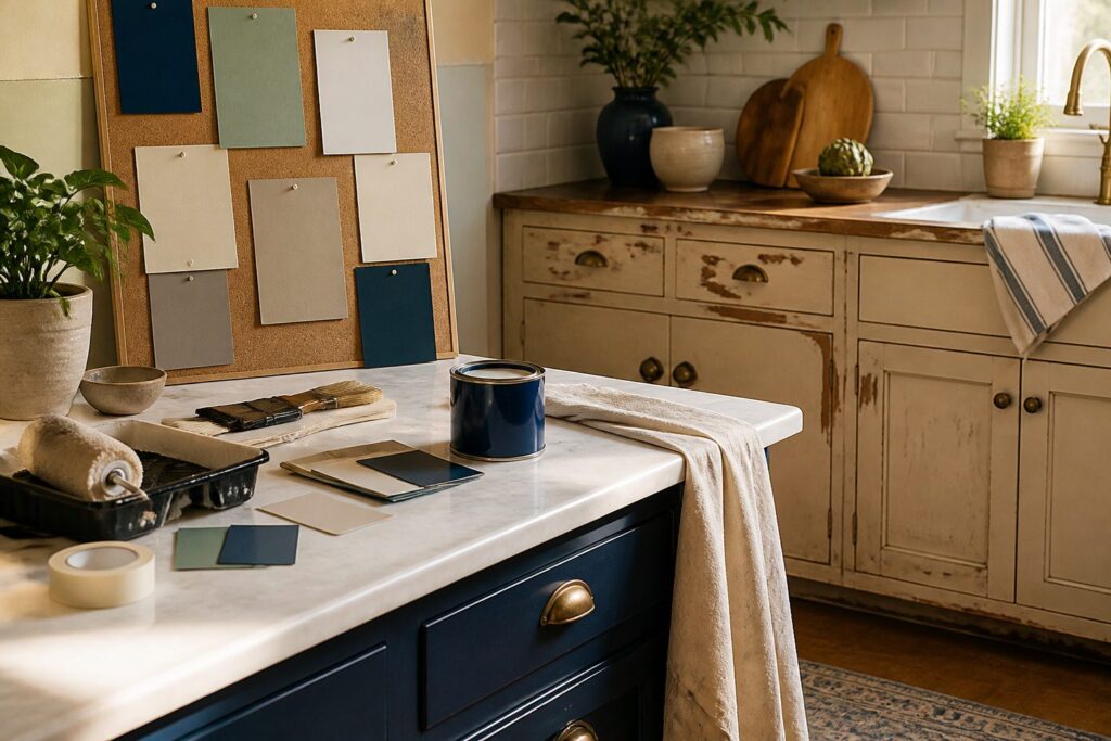 Bright kitchen with worn-out cabinet and peeling paint under sunlight