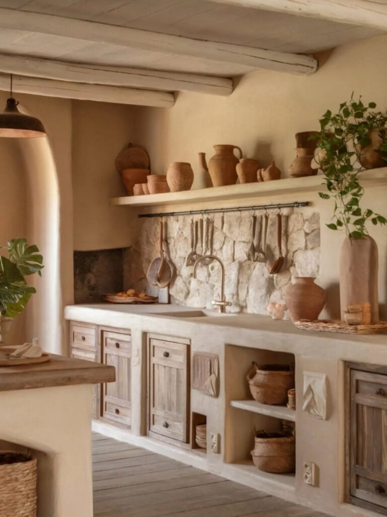 Rustic kitchen with plaster walls, stone backsplash, terracotta pottery, and wooden beams in earthy tones.
