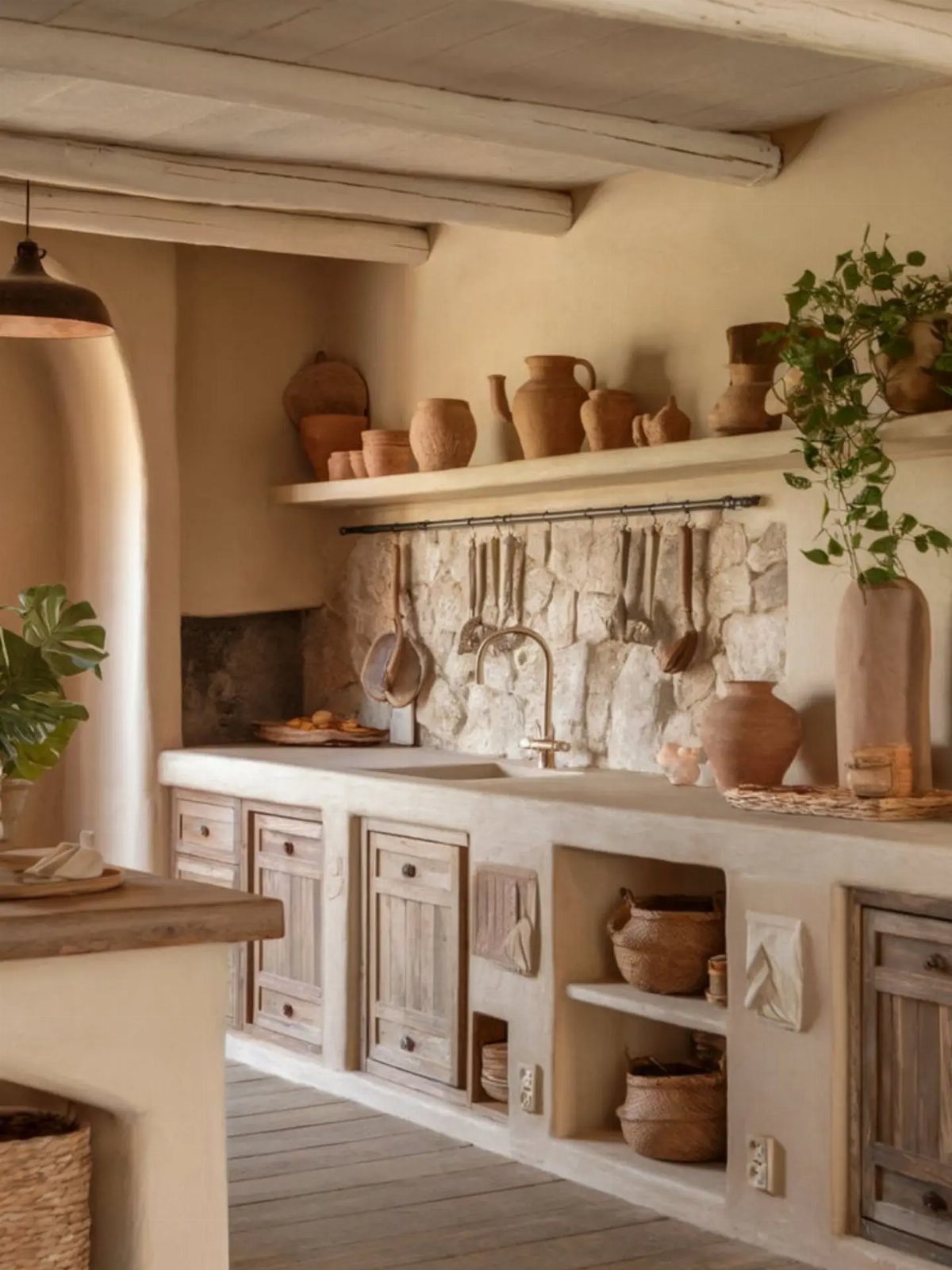 Rustic kitchen with plaster walls, stone backsplash, terracotta pottery, and wooden beams in earthy tones.