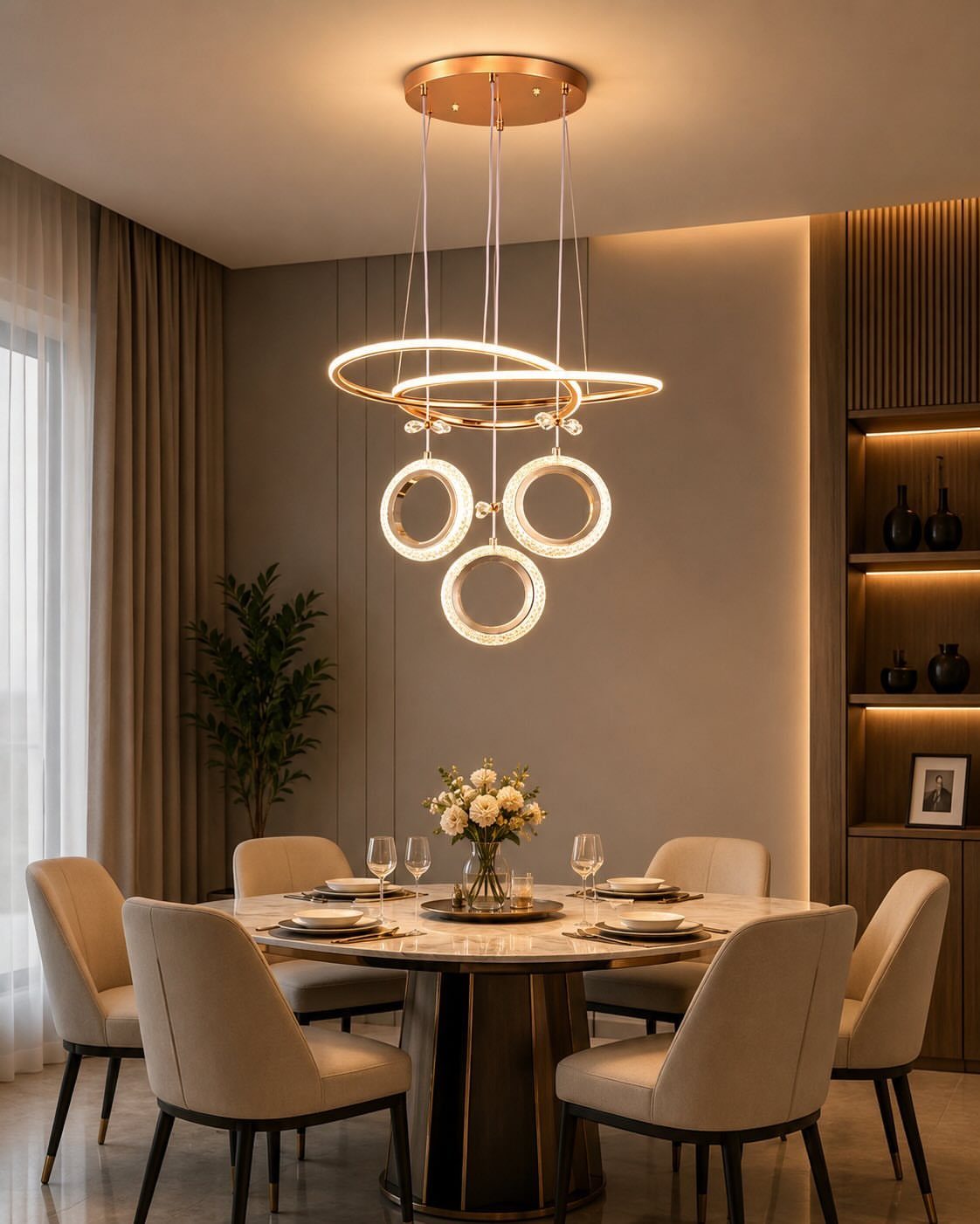 A modern rose gold circular chandelier hanging above a set round dining table with floral centerpiece.