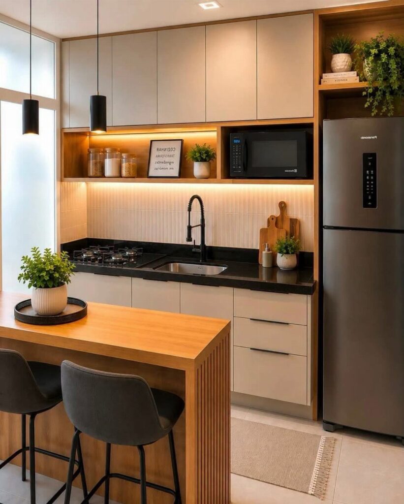 Modern small kitchen with beige cabinets, black countertops, and a wooden island with two black stools.