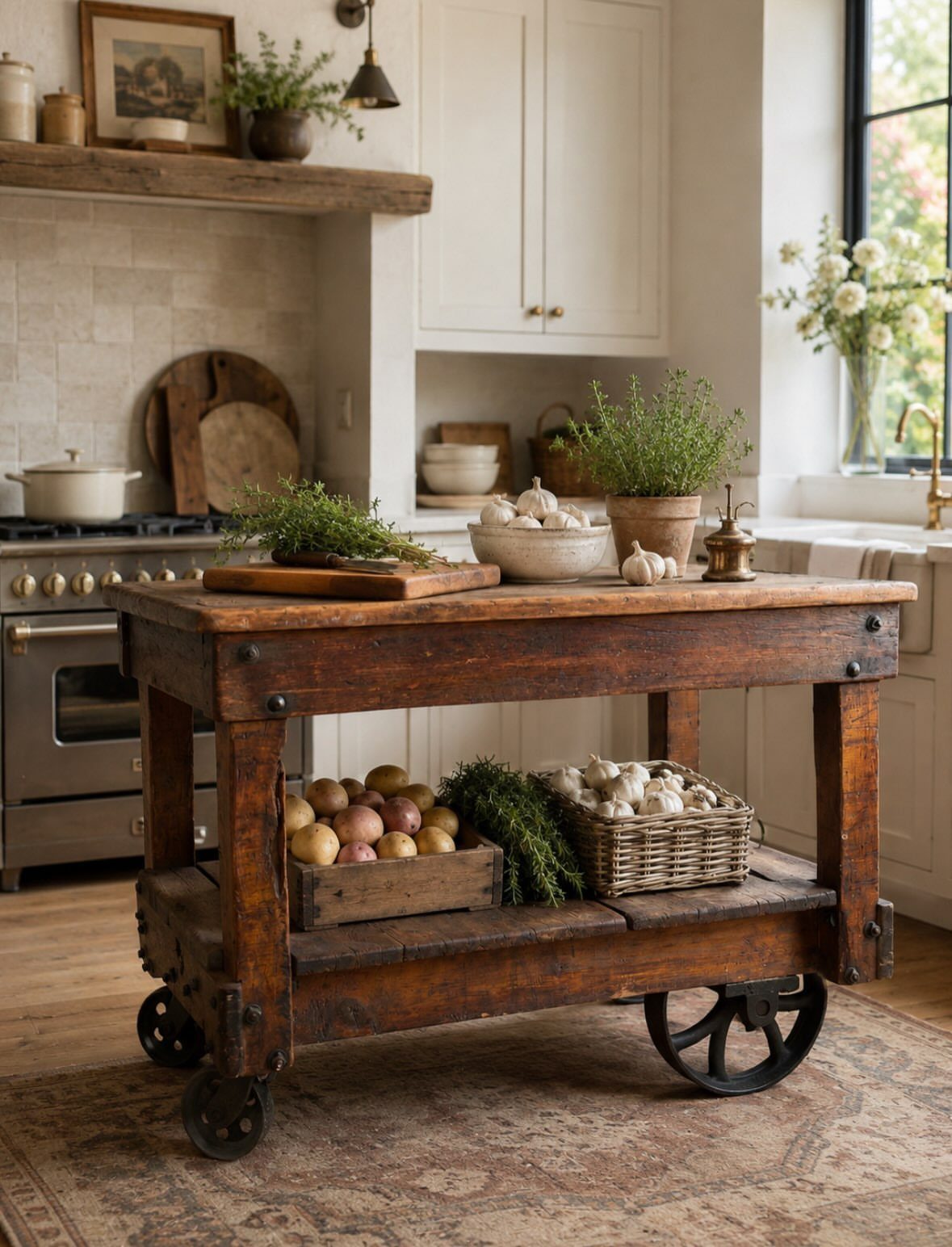 A rustic wooden industrial cart used as a kitchen island with baskets of vegetables.