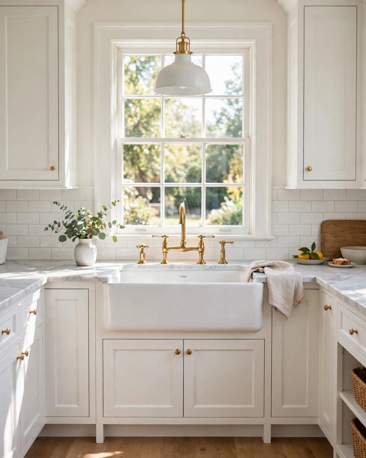White farmhouse kitchen with shaker cabinets, marble countertops, and a large apron sink under a window.